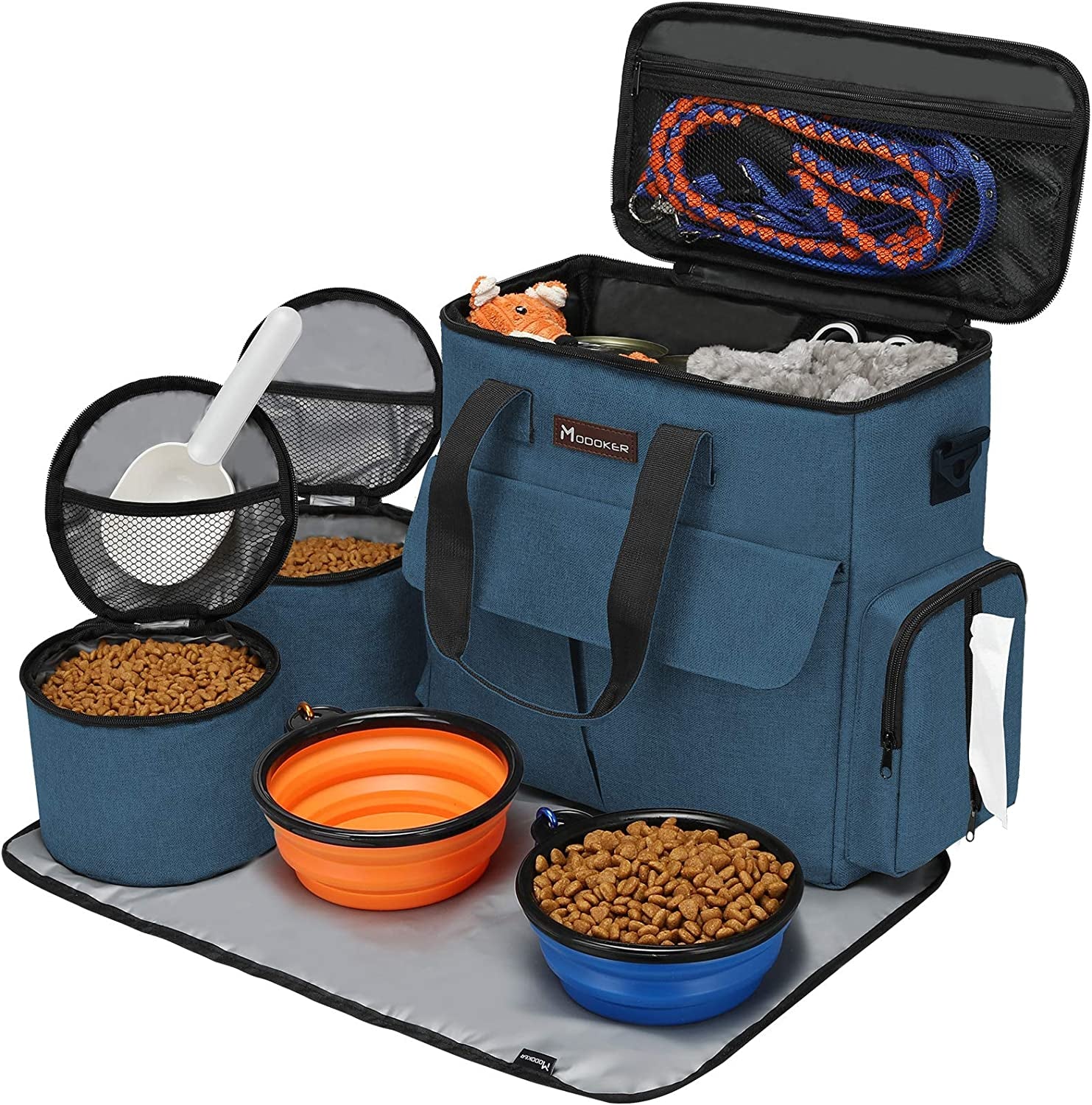 Pet Travel Bag Set with Airline Approval, Multi-Function Pockets, Food Storage Containers, Collapsible Bowls, and Feeding Mat - Blue