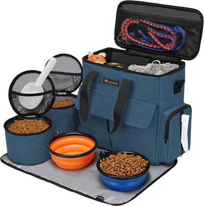 Airline-approved pet travel bag set with food storage collapsible bowls and feeding mat