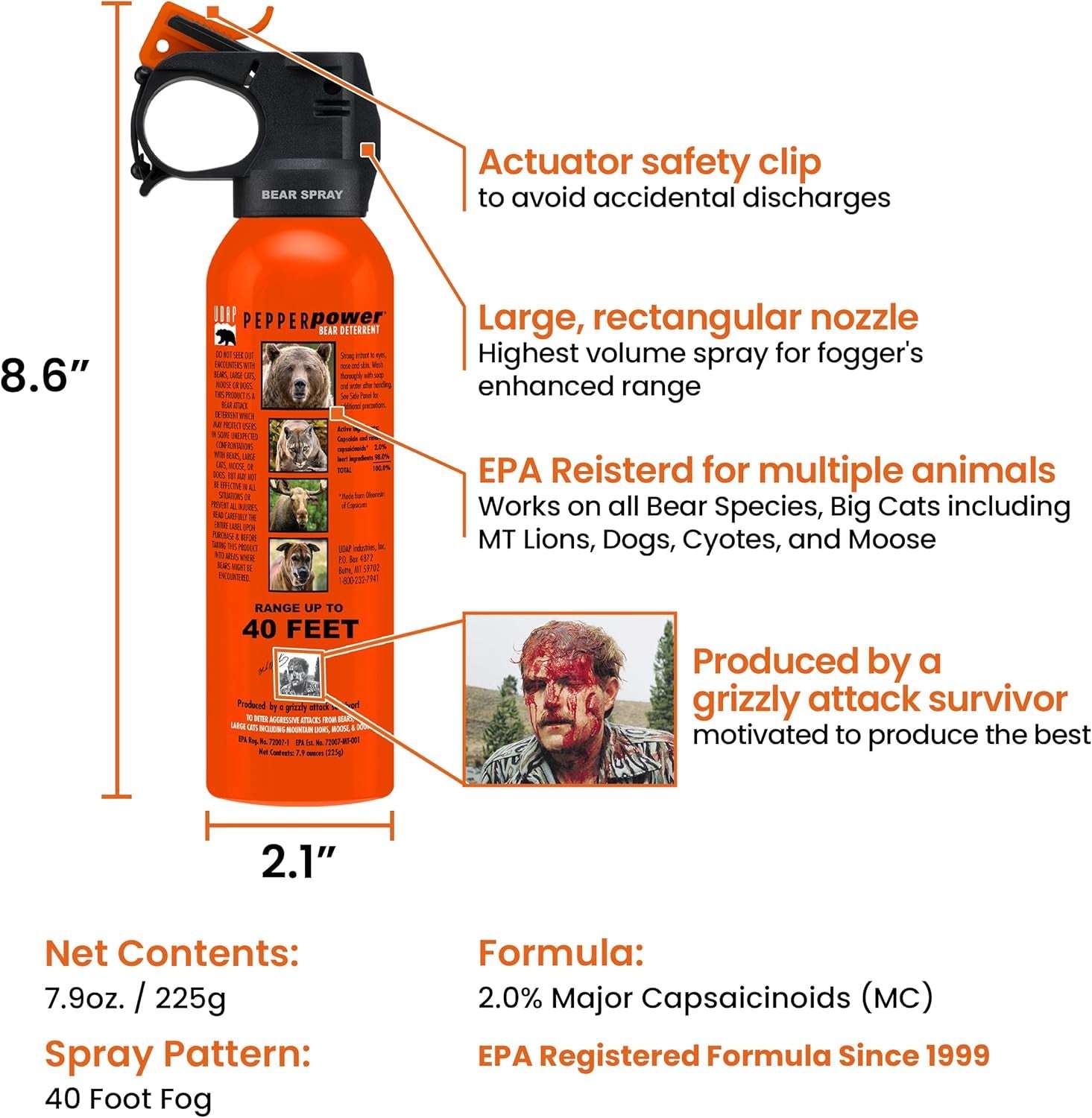 UDAP Pepper Power Magnum Bear Spray Self Defense Deterrent with Holster for Camping, Hiking, Fishing, Powerful Blast Pattern, 30 Ft Fog Barrier, 12HP, 7.9 Oz