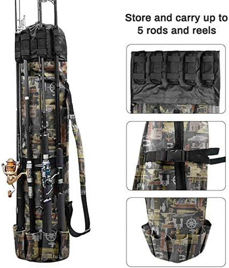 Canvas Fishing Rod and Reel Organizer Travel Carry Case - Holds 5 Poles and Tackle - Peak Performance Outfitters