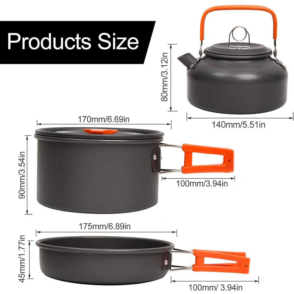 Outdoor Camping Cookware Set with Aluminum Cooking Utensils and Water Kettle - Ideal for Travelling, Hiking, Picnics, BBQs, and Outdoor Dining - Peak Performance Outfitters