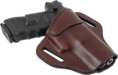 Leather OWB holster showing two belt slots and full-grain leather construction