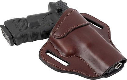 Leather OWB holster showing two belt slots and full-grain leather construction