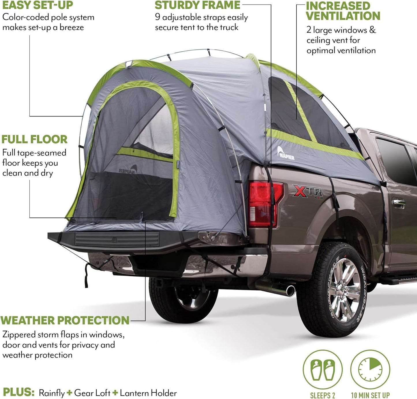 Backroadz Truck Bed Camping Tent with Waterproof Coating - Comfortable and Spacious 2 Person Tent for Full Size and Long Beds - Peak Performance Outfitters