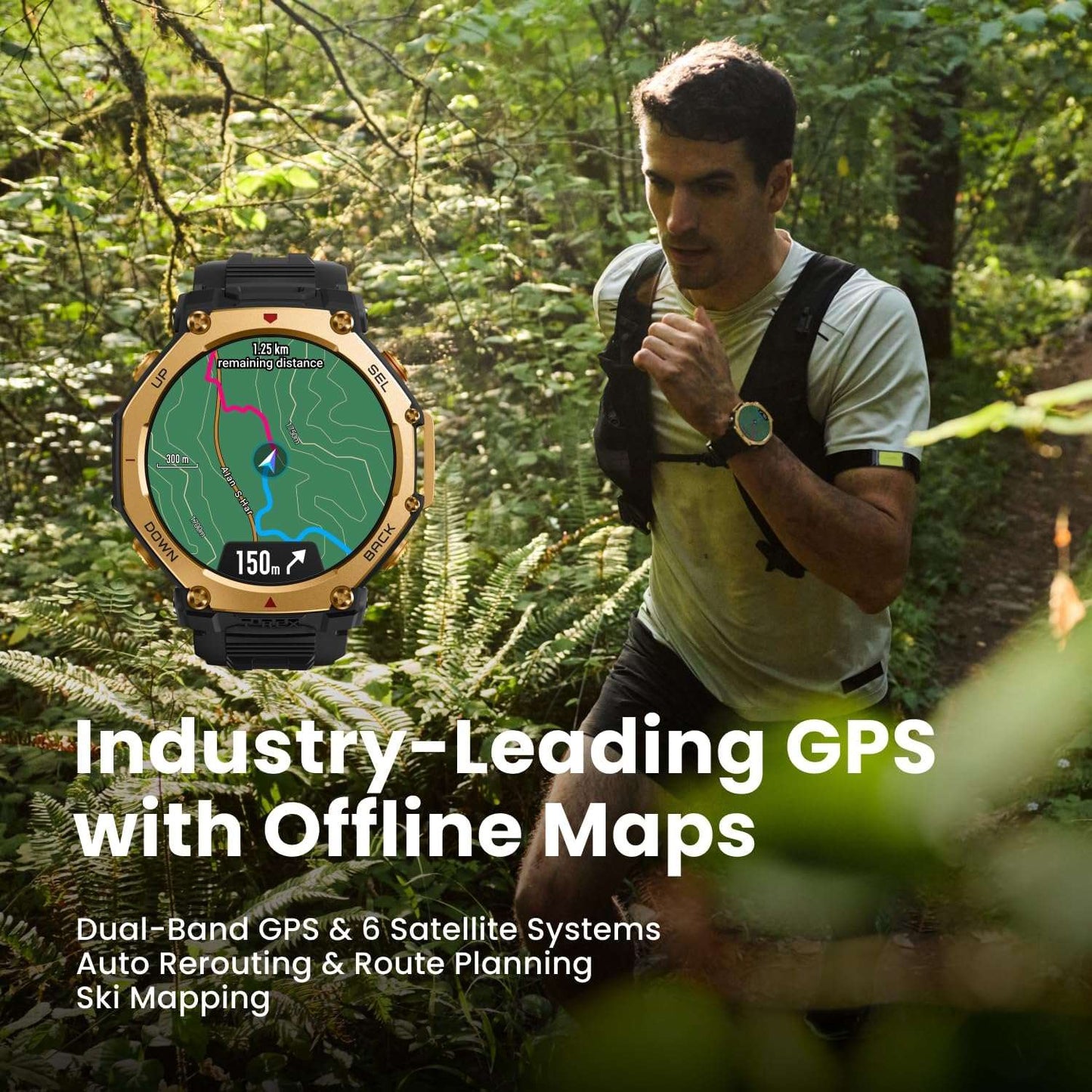 Amazfit T-Rex 3 Pro Outdoor Smart Watch 48mm Sapphire AMOLED Display, Dual-Band GPS, Offline Maps, Built-In Flashlight, Black