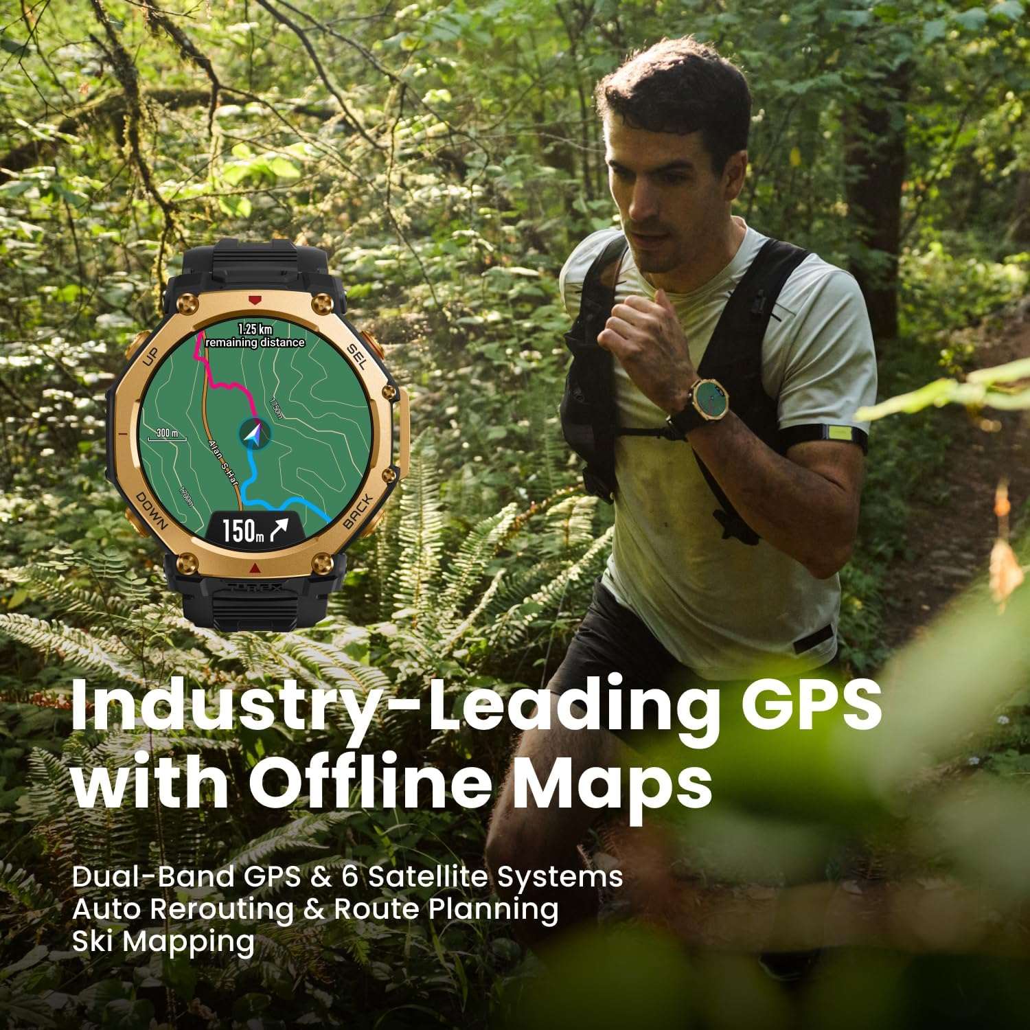 Amazfit T-Rex 3 Pro Outdoor Smart Watch 48mm Sapphire AMOLED Display, Dual-Band GPS, Offline Maps, Built-In Flashlight, Black