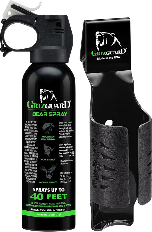 Griz Guard Bear Spray with Holster -Maximum Strength 7.9 oz, 40-Foot Range, EPA-Registered Bear Deterrent – Repels Bears, Mountain Lions, Coyotes & Moose, Glow Safety Clip, Hiking & Camping Protection