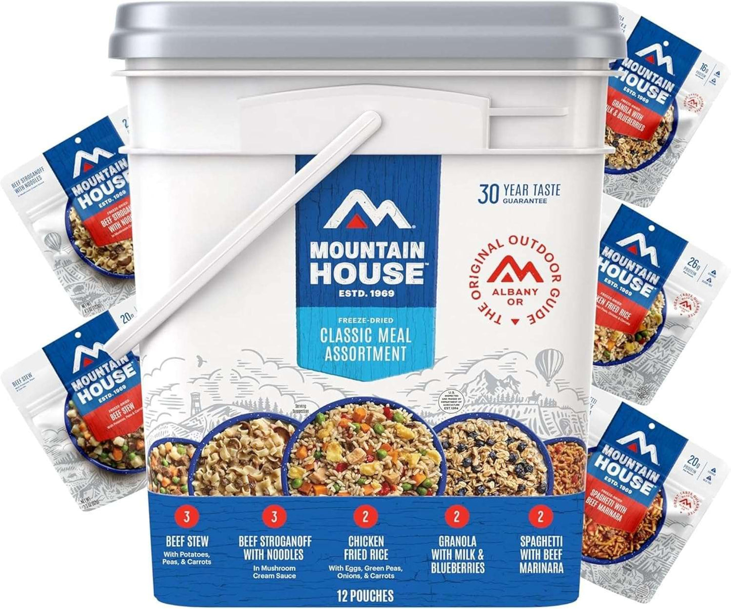 Mountain House emergency meal assortment kit with 30-year shelf life