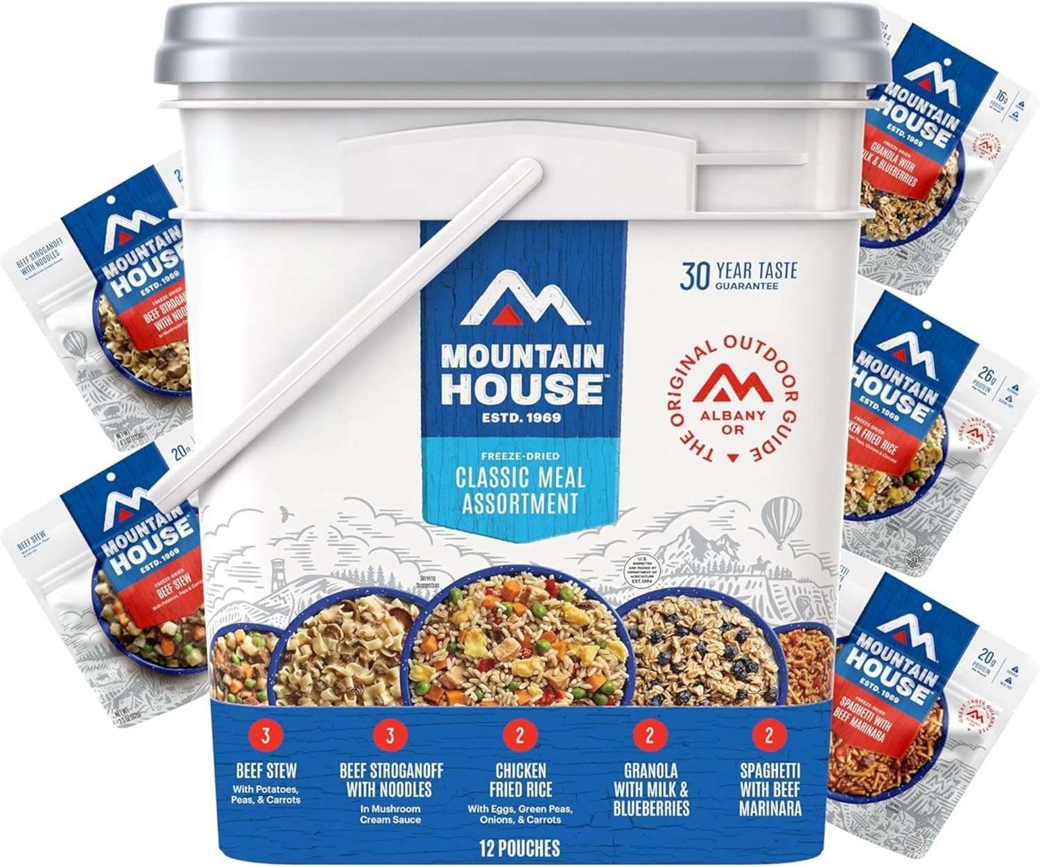 Mountain House emergency meal assortment kit with 30-year shelf life