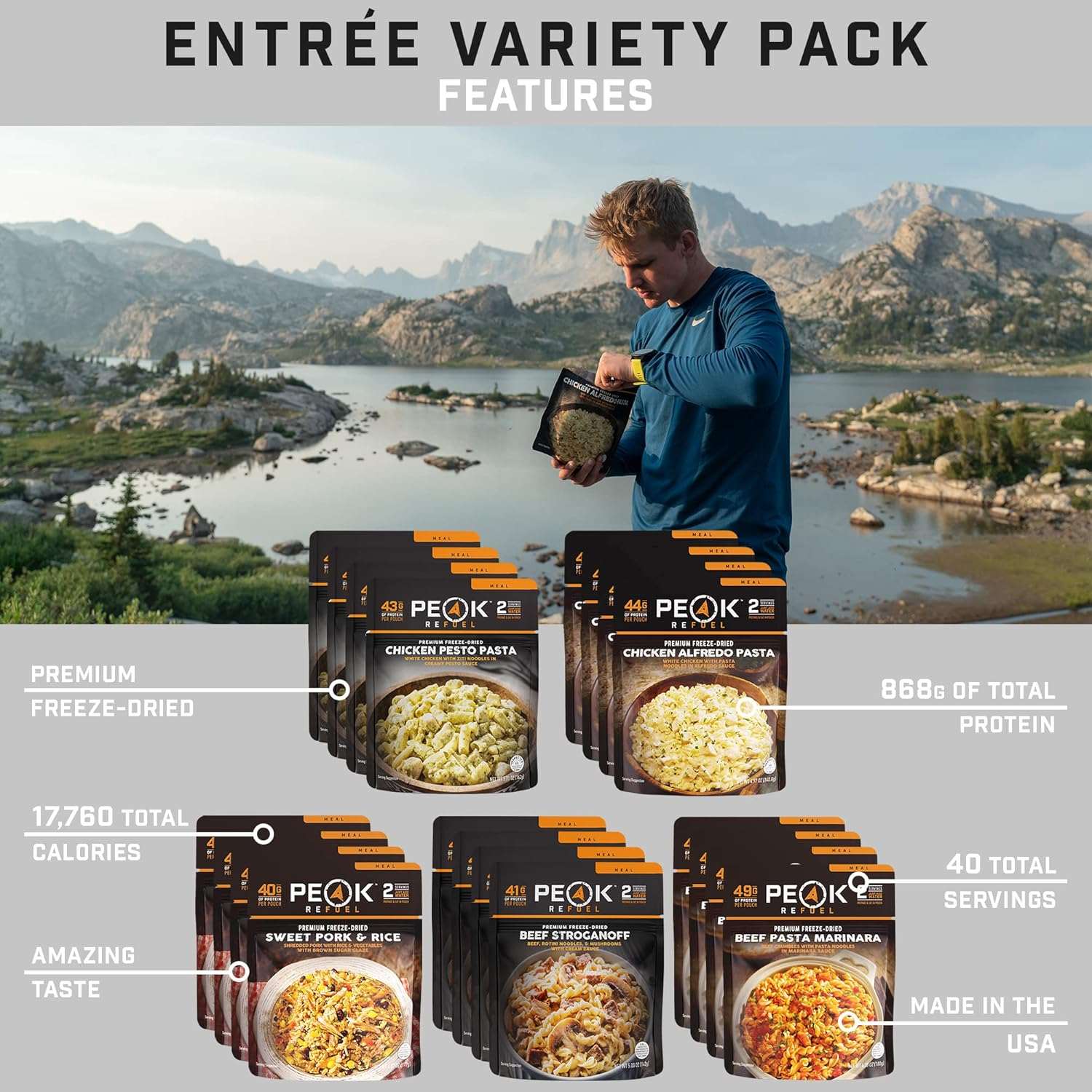Peak Refuel Entrée Variety Pack  - Freeze Dried Backpacking and Camping Survival Food  - Lunch/Dinner Meal Pouches  - Amazing Taste  - High Protein  - Real Meat  - Quick Prep