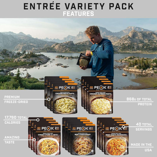 Peak Refuel Entrée Variety Pack  - Freeze Dried Backpacking and Camping Survival Food  - Lunch/Dinner Meal Pouches  - Amazing Taste  - High Protein  - Real Meat  - Quick Prep