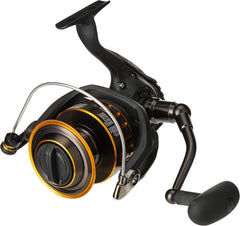 Daiwa BG spinning reel mounted on a fishing rod, showcasing durable metal body and smooth drag system for freshwater and saltwater fishing.