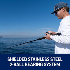 Penn Rival II level wind fishing rod and reel combo with black reel and sturdy rod for freshwater or saltwater fishing.