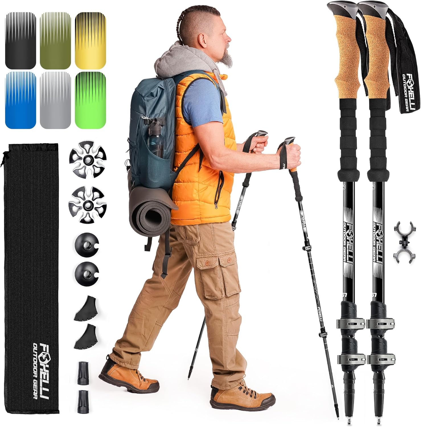 Foxelli aircraft-grade aluminum trekking poles with cork grips and quick-flip lever locks