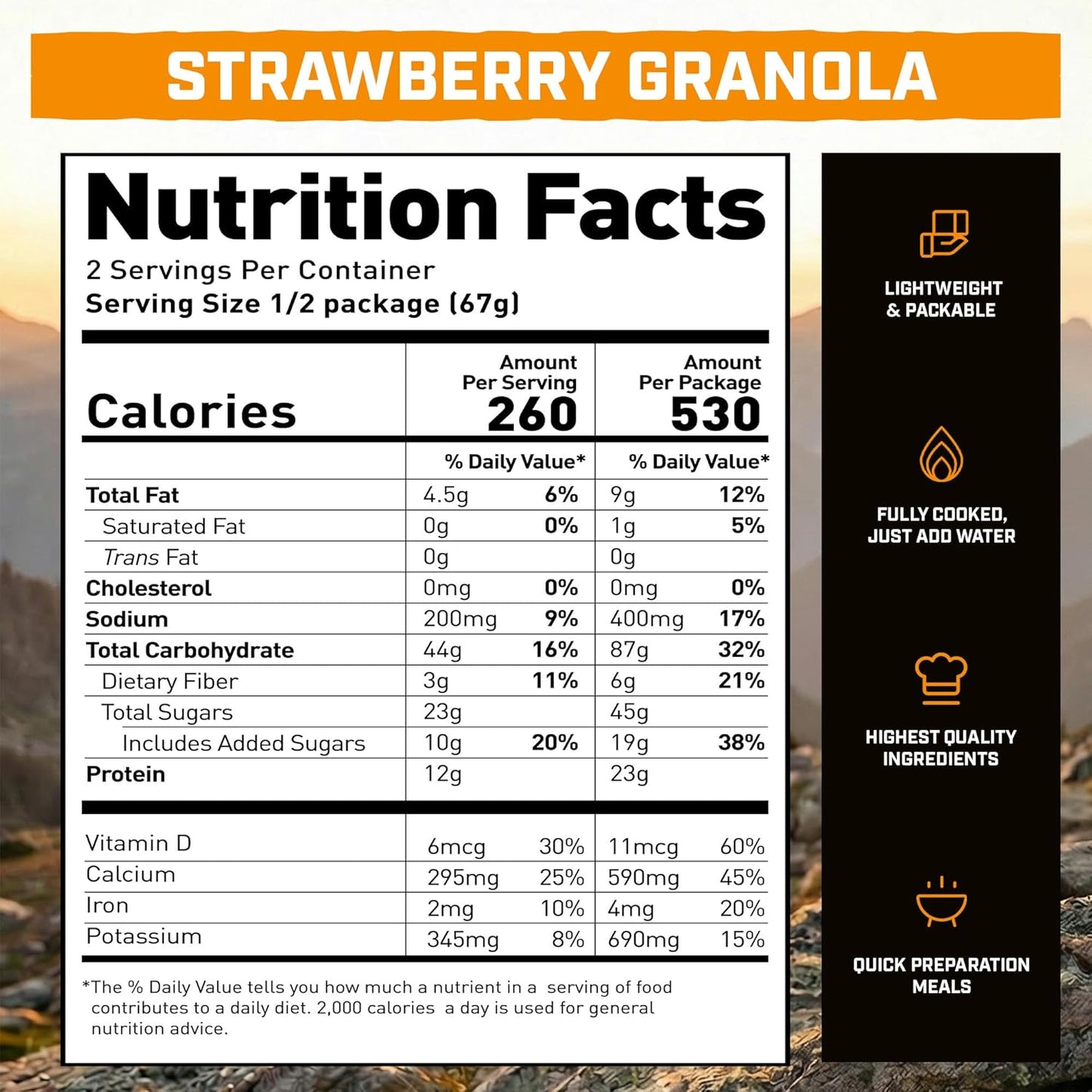 Peak Refuel Strawberry Granola 2-Pack  - Freeze Dried Backpacking, Camping & Emergency Prep Food  - 2 Servings Pouches