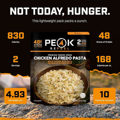 Peak Refuel Chicken Alfredo Pasta  - Premium Freeze Dried Camping Food  - Backpacking & Hiking MRE Meals  - Just Add Water  - 100% Real Meat  - 48g of Protein  - 2 Serving Pouch (2 Serving)