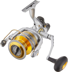 Okuma Avenger ABF B Series graphite baitfeeder saltwater spinning reel on fishing gear display.