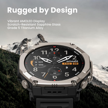 Amazfit T-Rex Ultra 2 Outdoor Smartwatch 51mm Titanium Body, Dual-Band GPS, Offline Maps, Black