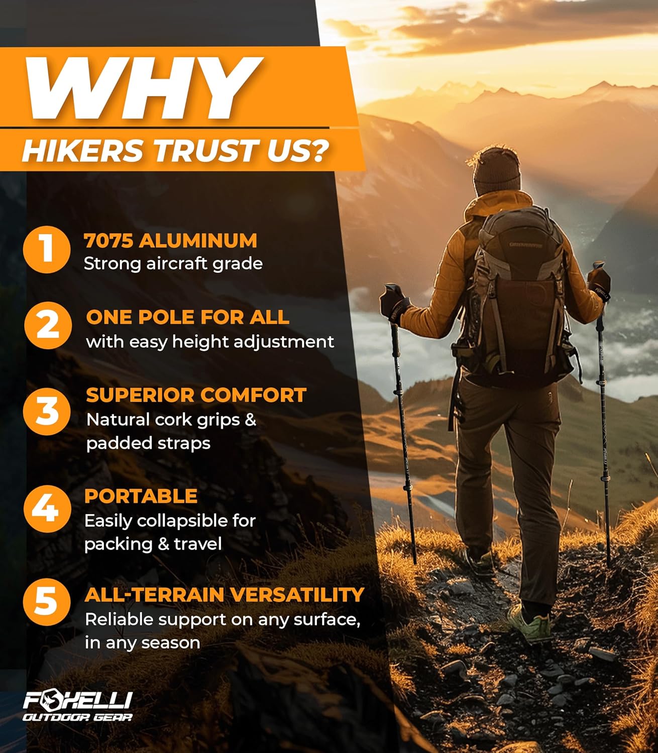 Foxelli collapsible trekking poles showing adjustable length and tungsten carbide tips