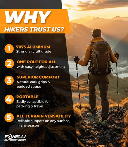 Foxelli collapsible trekking poles showing adjustable length and tungsten carbide tips
