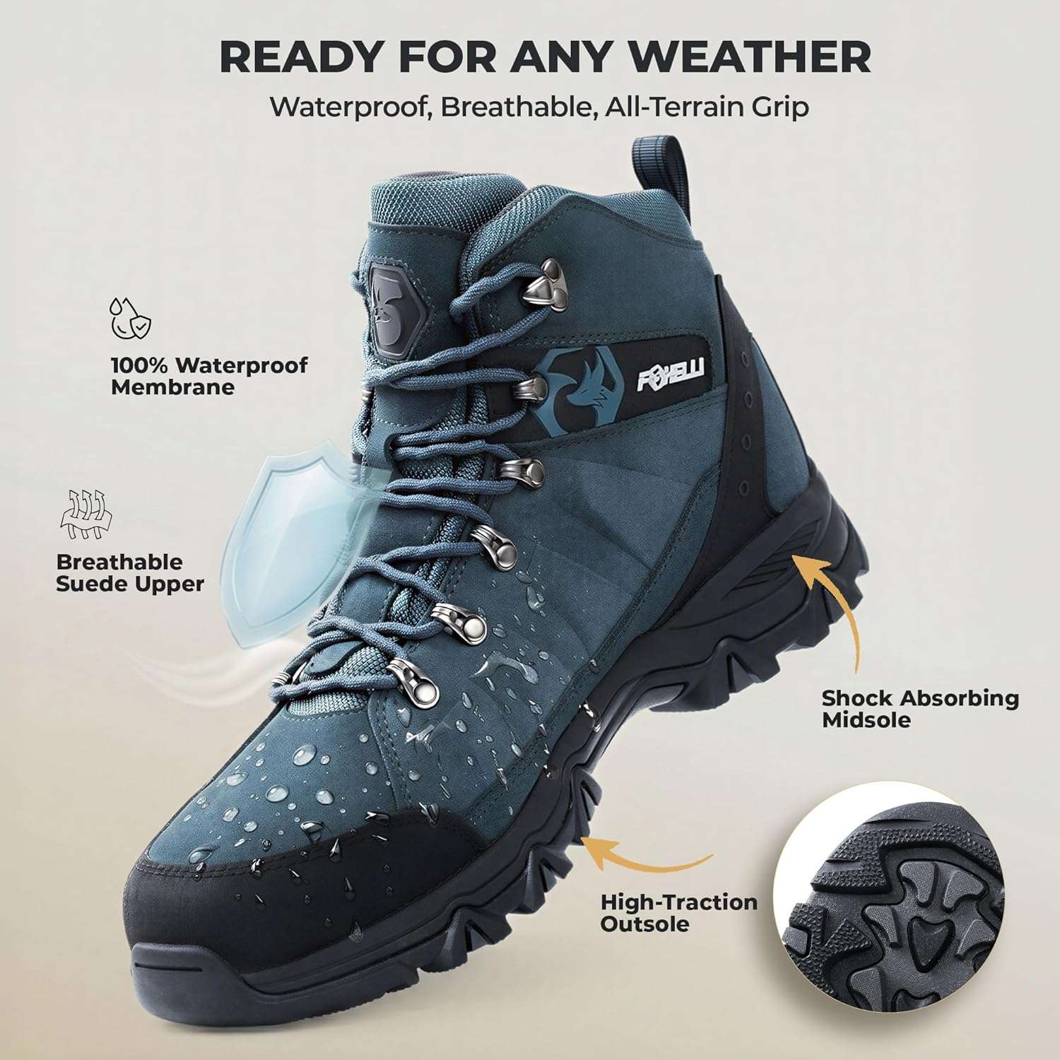 Foxelli Men’s Hiking Boots – Waterproof Breathable & Lightweight Suede Leather Hiking Boots for Men