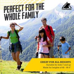 TrailBuddy trekking poles made of lightweight 7075 aluminum, collapsible hiking sticks for men, women, and seniors on trails.