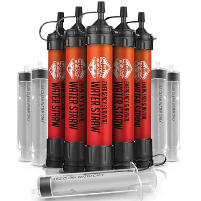 5-pack emergency water filter straws with individual hollow fiber straw shown