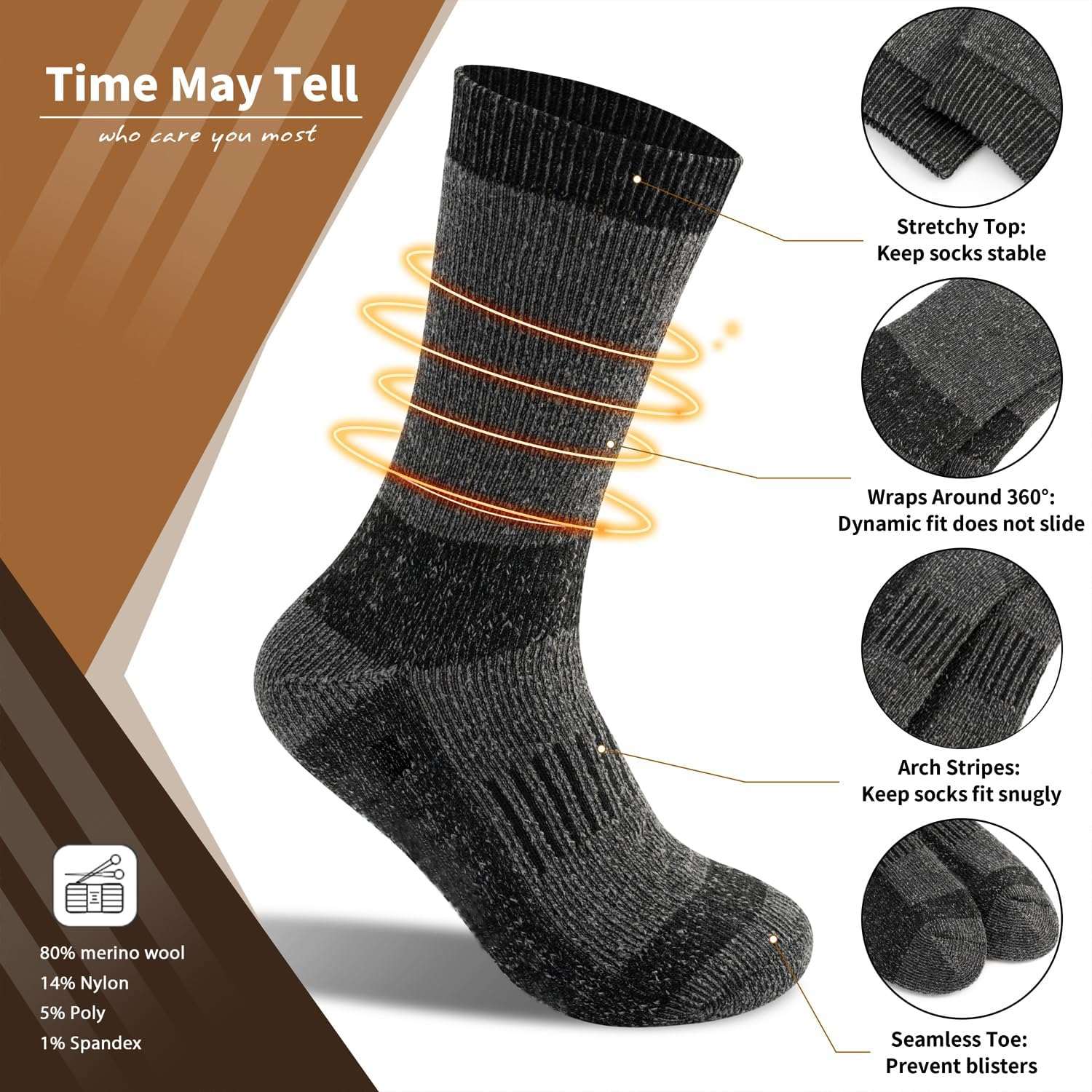 Time May Tell Men's Merino Wool Hiking Cushion Socks Thermal Warm Crew