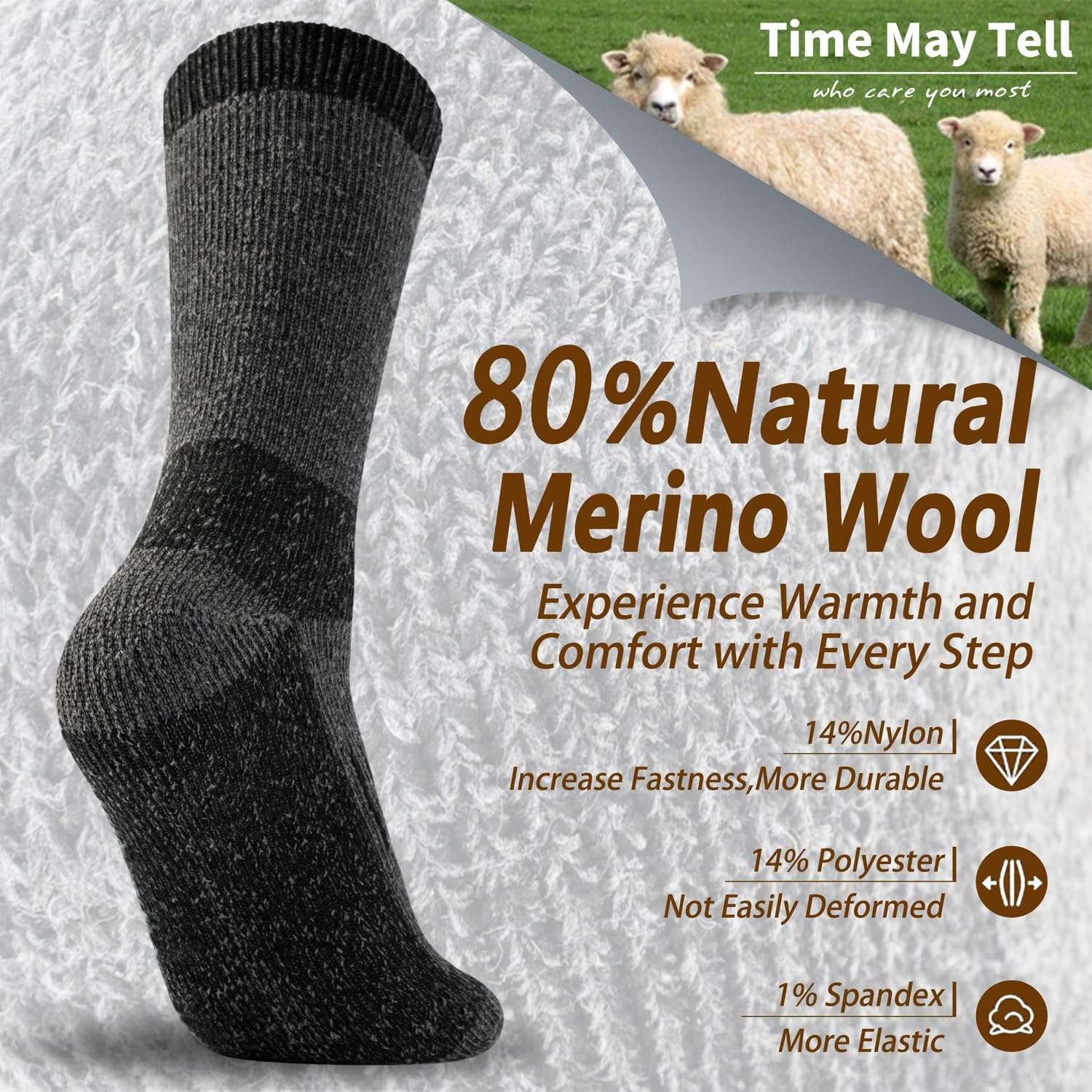 Time May Tell Men's Merino Wool Hiking Cushion Socks Thermal Warm Crew