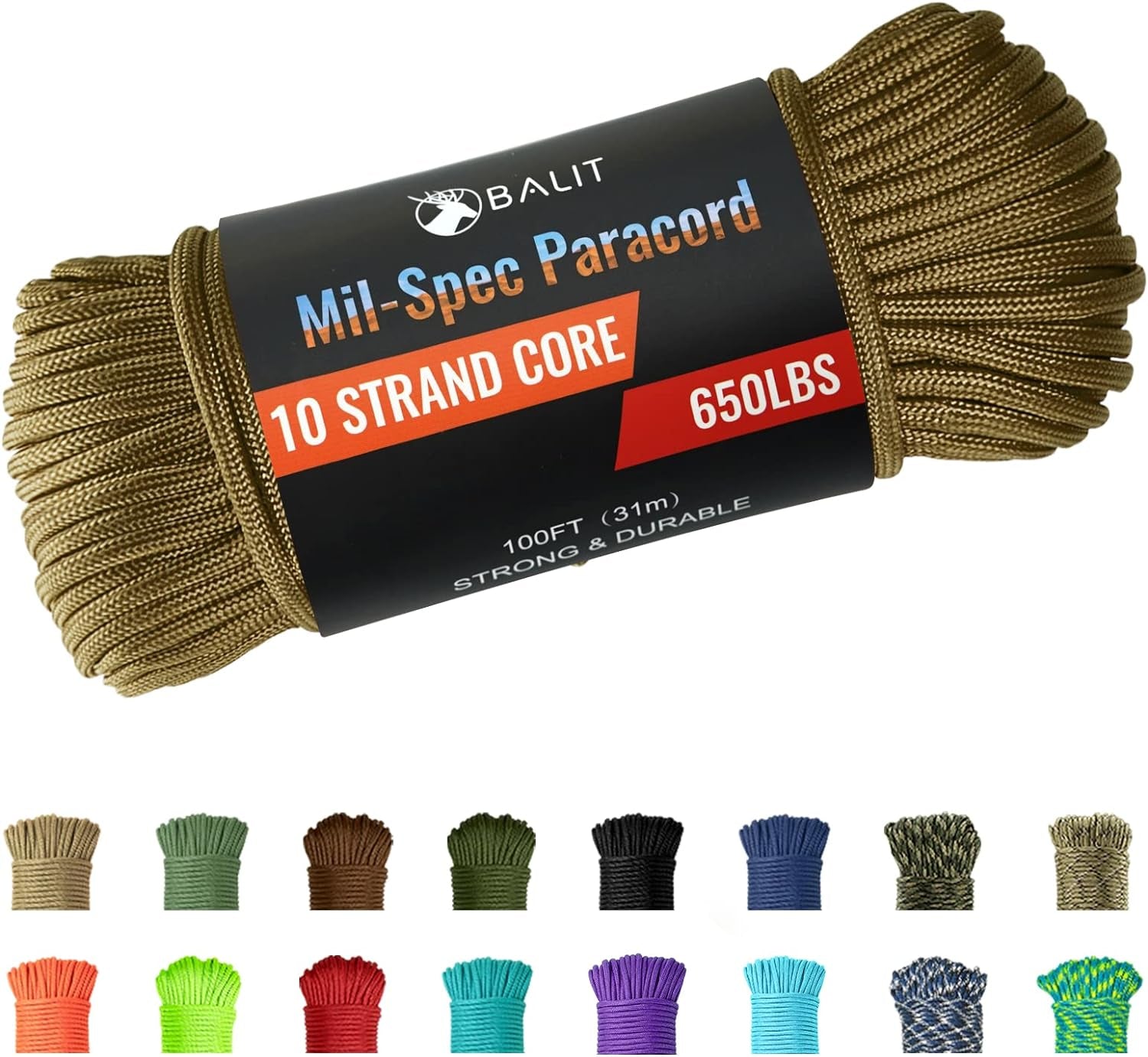 Mil-Spec 650 Paracord with 10-Strand Core Nylon Rope for Outdoor Emergency Survival - Peak Performance Outfitters