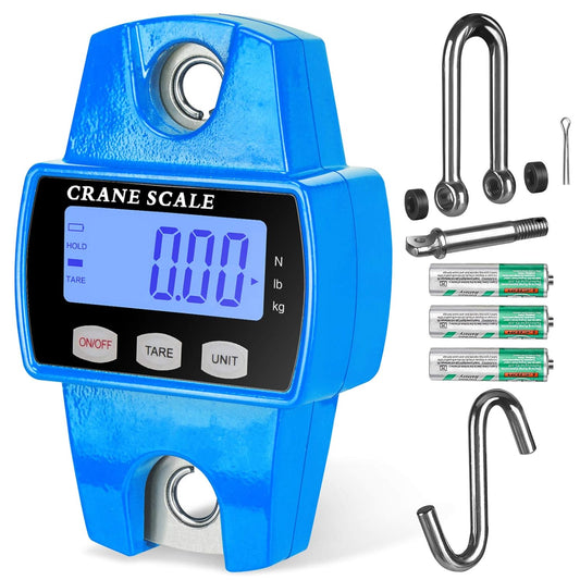 Digital hanging crane scale 660 lb capacity with cast aluminum case in blue