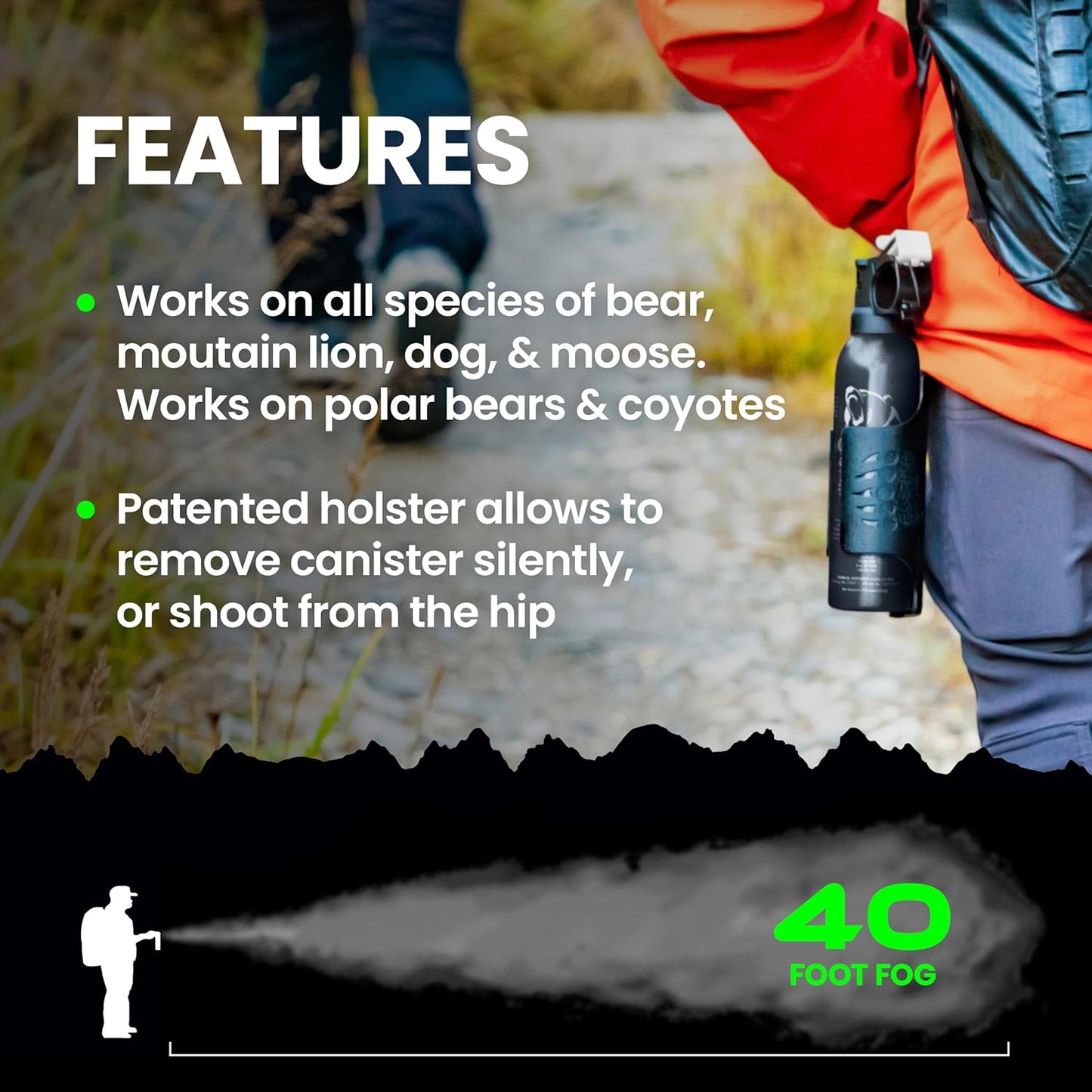 Griz Guard Bear Spray W/Holster 40 Ft Range, Maximum Strength, Epa-Registered Spray for Bears, Mountain Lions, Coyotes, Dogs, & Moose, Outdoor Hiking & Camping Protection, Glow Safety Clip, 7.9 Oz