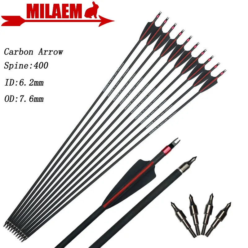 Set of 6 or 12 30-Inch Archery Carbon Arrows with Spine 400, 6.2mm Inner Diameter, 7.6mm Outer Diameter, 3-Inch Rubber Vanes - Ideal for Target Shooting, Hunting, and Bow Accessories - Peak Performance Outfitters