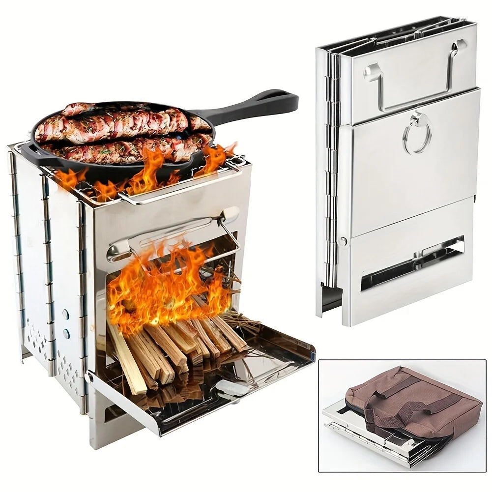 Portable foldable stainless steel wood camp stove with mini charcoal grill