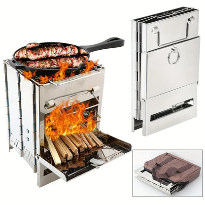Portable foldable stainless steel wood camp stove with mini charcoal grill