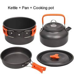 Aluminum camping cookware kit with pot pan kettle and utensils