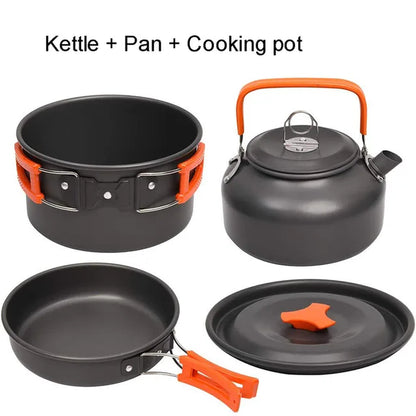 Aluminum camping cookware kit with pot pan kettle and utensils
