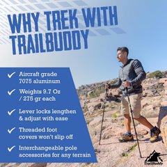 TrailBuddy trekking poles made of lightweight 7075 aluminum, collapsible hiking sticks for men, women, and seniors on outdoor trails
