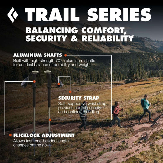 Black Diamond Trail aluminum trekking poles with FlickLock adjustment