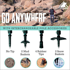 TrailBuddy trekking poles made of lightweight 7075 aluminum, collapsible hiking sticks for men, women, and seniors on trail or travel.