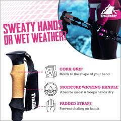 TrailBuddy trekking poles made of lightweight 7075 aluminum, collapsible hiking sticks for men, women, and seniors on trail or travel.
