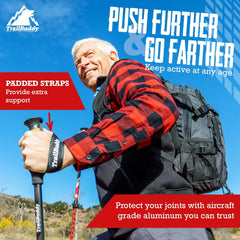 TrailBuddy trekking poles made of lightweight aluminum, collapsible hiking sticks for men, women, and seniors on trail or travel use.