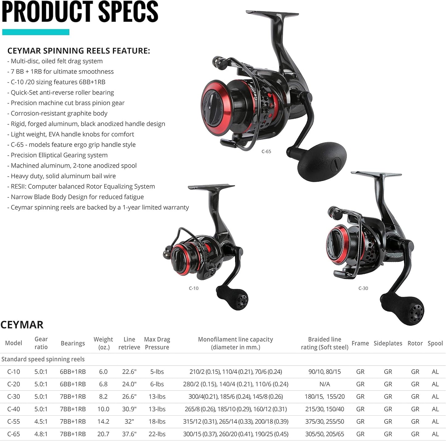 Okuma Ceymar graphite 8BB spinning reel with Cyclonic Flow Rotor for all-purpose fishing