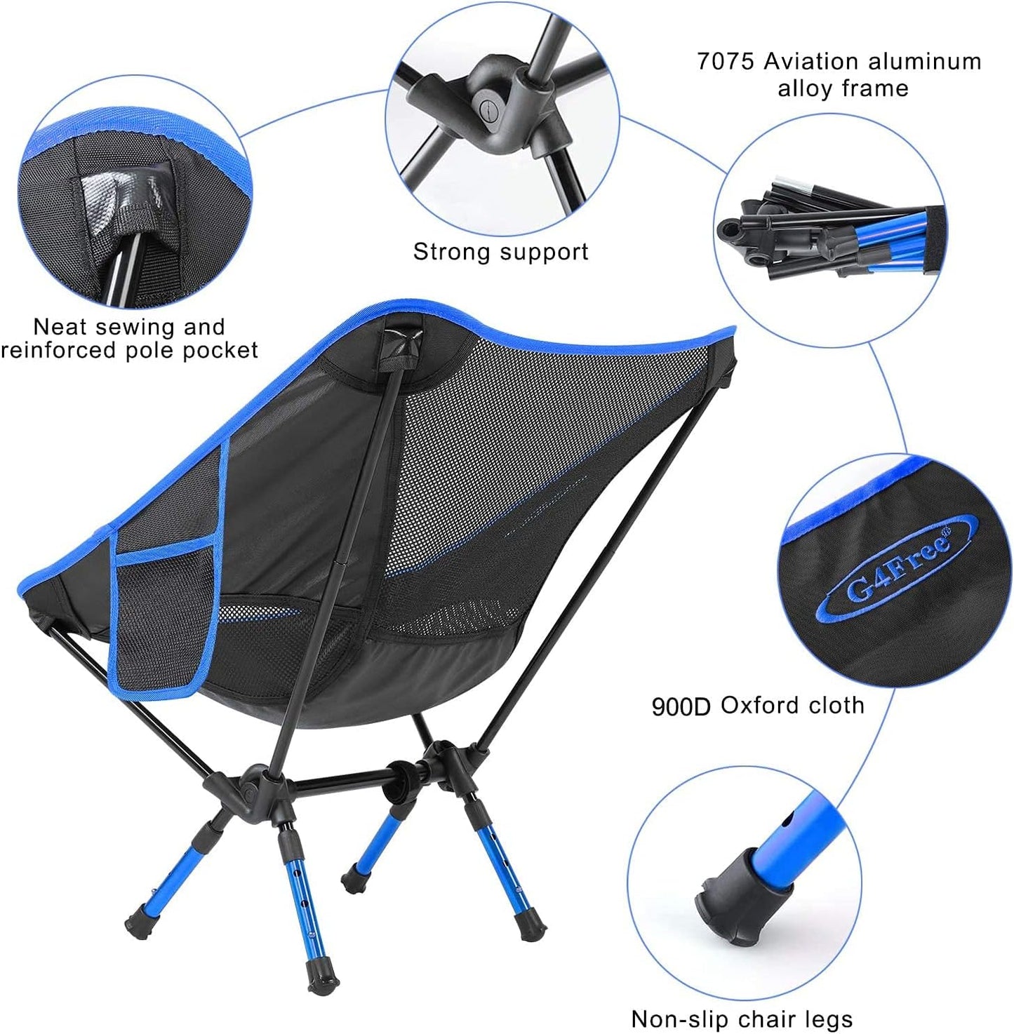 Height Adjustable Camping Chair - Ultralight Portable Folding Chair for Outdoor Activities - Heavy Duty and Durable - Dark Blue