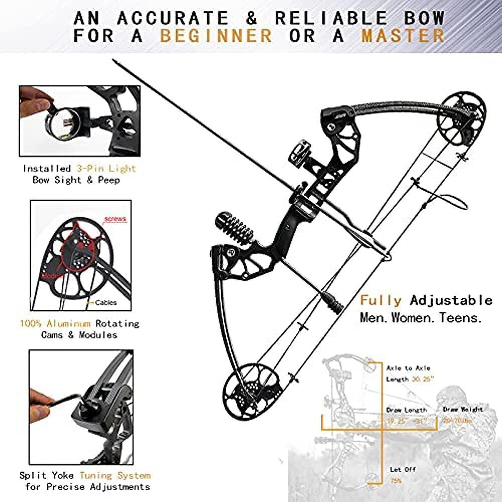 Adjustable 30-70lbs Compound Bow Set for Archery Hunting and Shooting Training - Peak Performance Outfitters