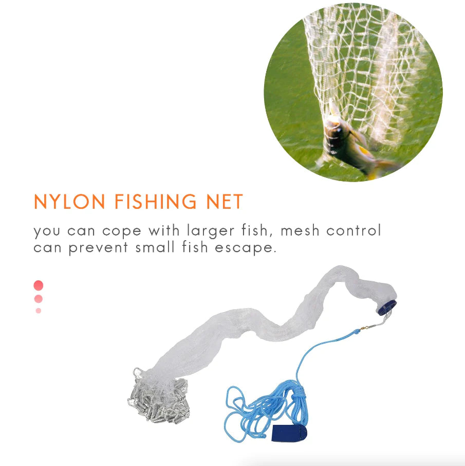 Premium Quality Fishing Cast Net with Strong Nylon Mesh - 6/8/10/12/16FT - Made in USA