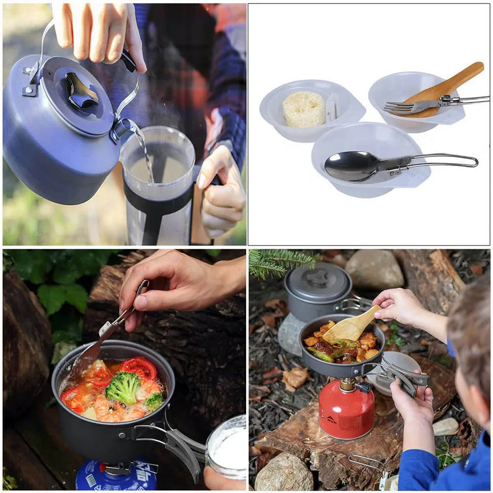 Outdoor Camping Cookware Set with Pot, Cup, Tableware, Water Kettle, Pan, Cutlery Utensils - Ideal for Hiking, Picnics, and Travel - Peak Performance Outfitters