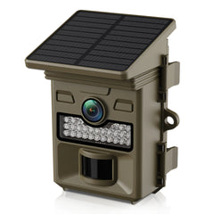 Solar trail camera close-up showing 48MP lens array and integrated solar charging panel