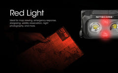 Rechargeable headlamp showing USB charging port and red LED night vision mode button