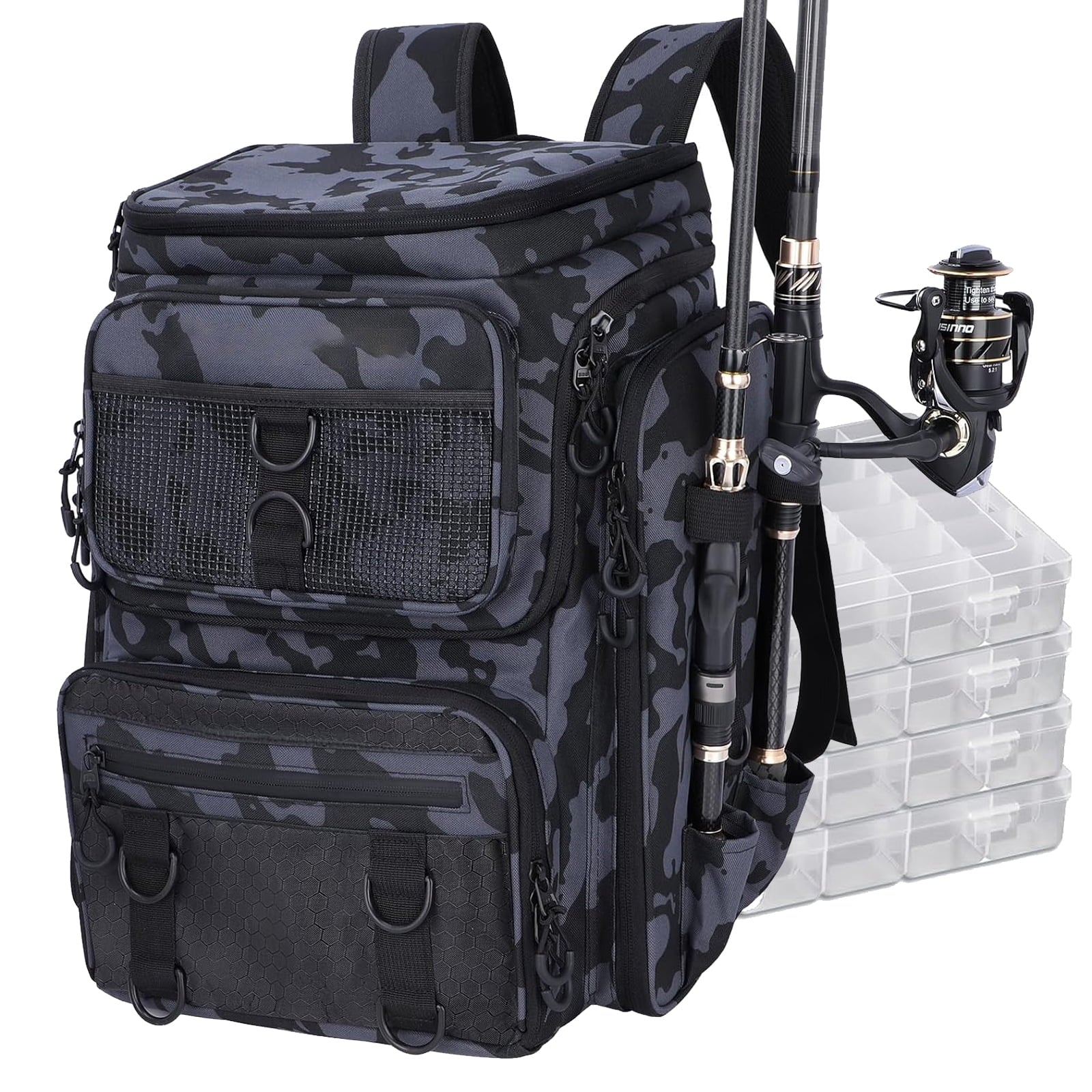 Waterproof fishing tackle backpack with rod holder and 4-tray lure organization